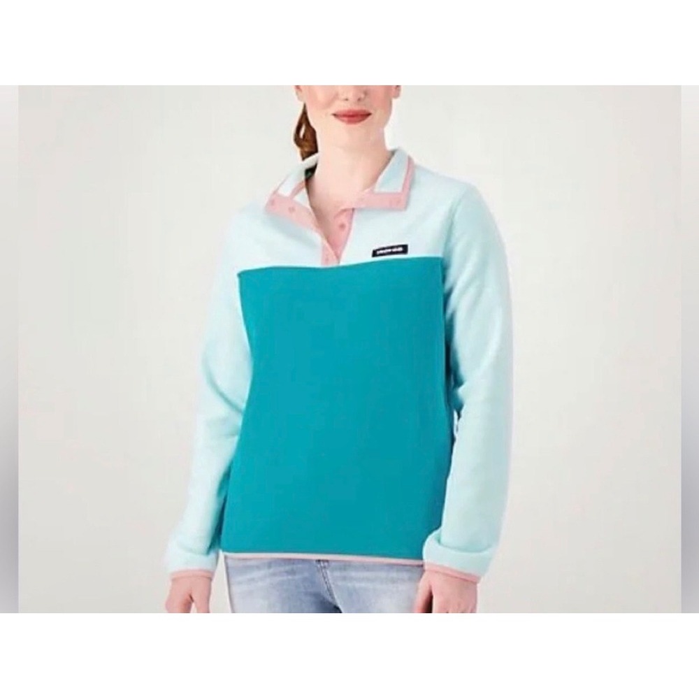 Lands End Womens‎ M 10-12 Fleece Snap Neck Pullover Teal Aqua Colorblock 517212